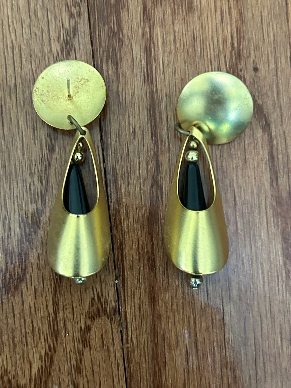 Vintage Gold Tone Black Enamel Mod Geometric Drop Earrings